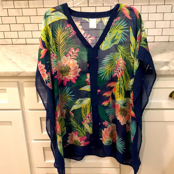 Tropical Swim Coverup Womens Size Small Sheer Blue Pink Floral - Picture 1 of 6